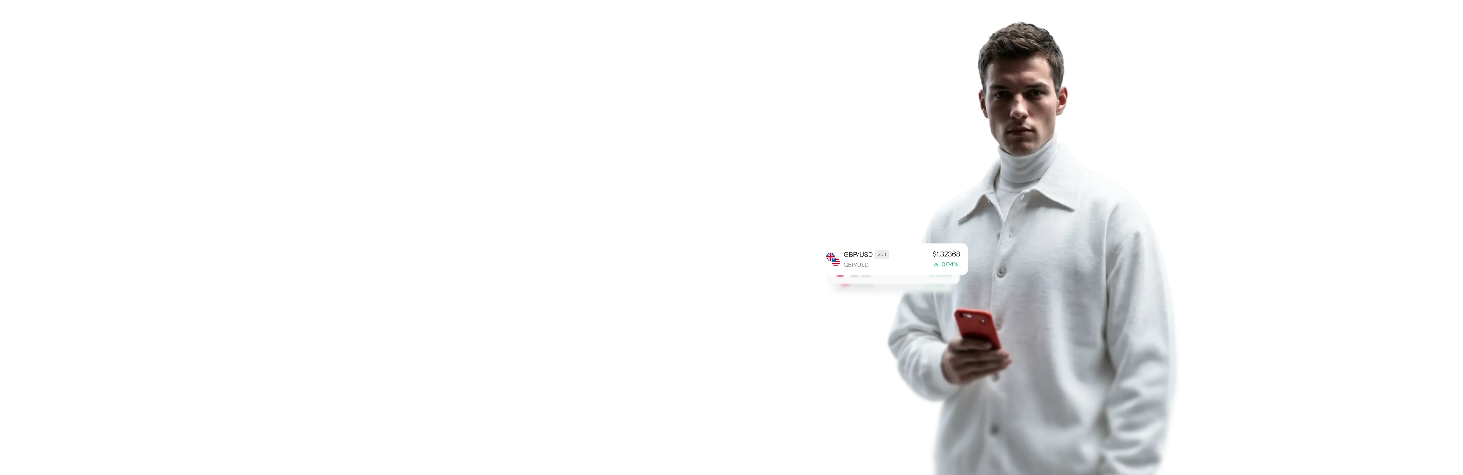 man holding a smartphone with a live GBP/USD market price card displayed