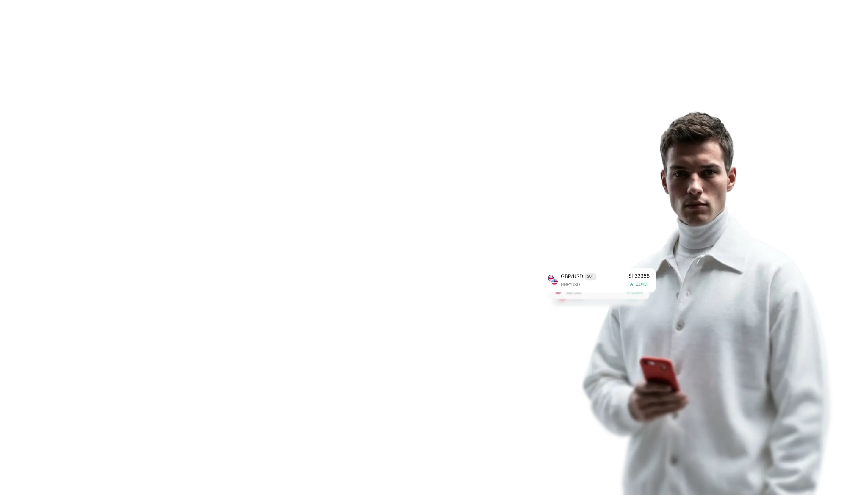 man holding a smartphone with a live GBP/USD market price card displayed
