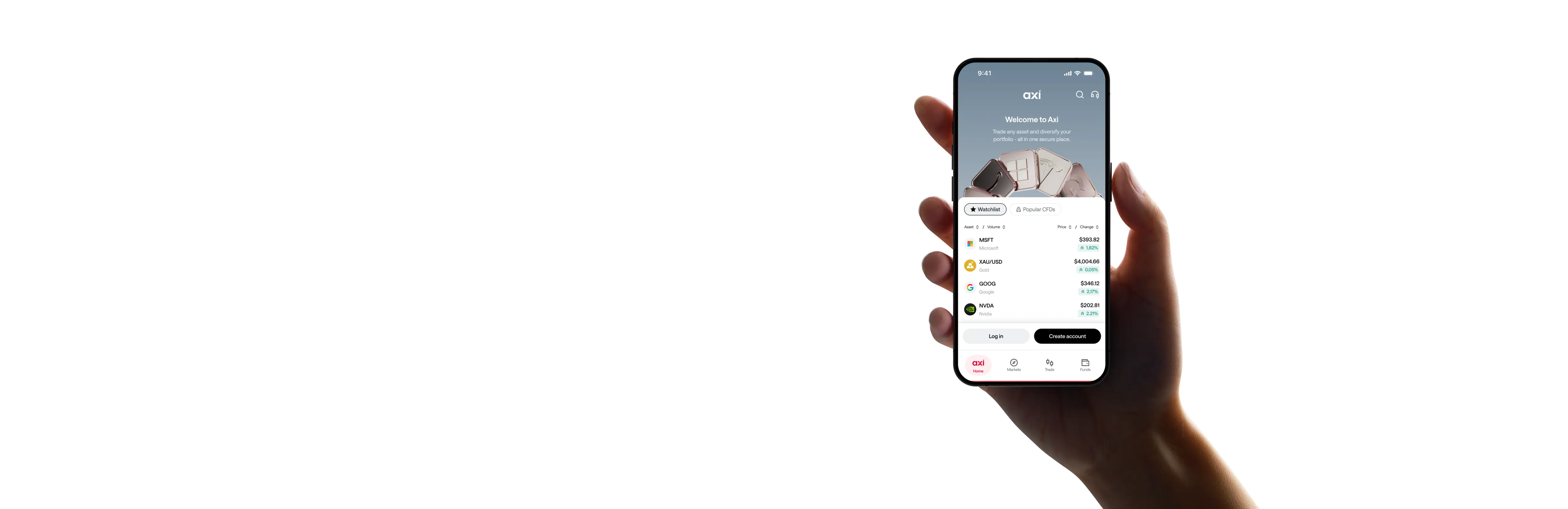 hand holding a smartphone showing the Axi trading app welcome screen and a CFD watchlist