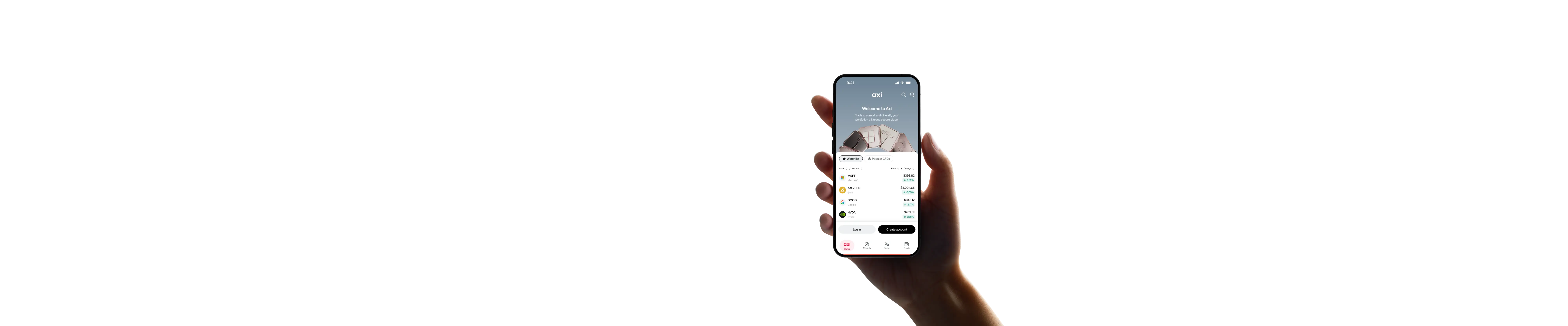 hand holding a smartphone showing the Axi trading app welcome screen and a CFD watchlist